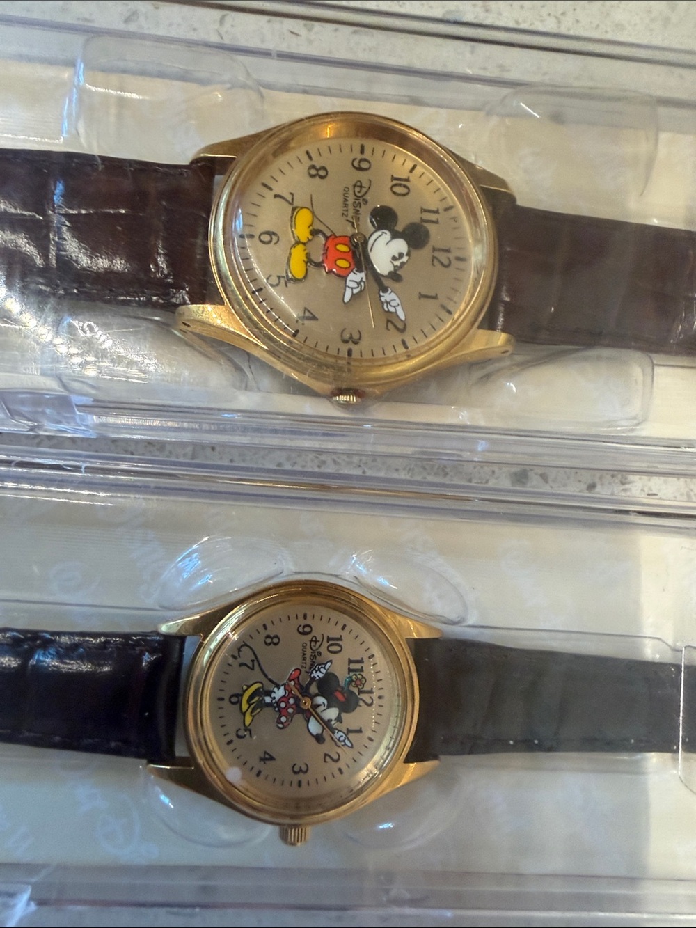 Vintage his and her Disney Mickey & Minnie Gold Tone Watches, in packaging